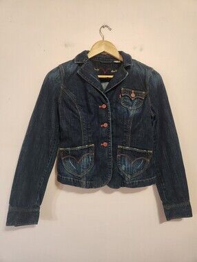 Vintage Y2K Levis Red Tab Dark Wash Ruffle Peplum Denim Blazer Jacket Medium